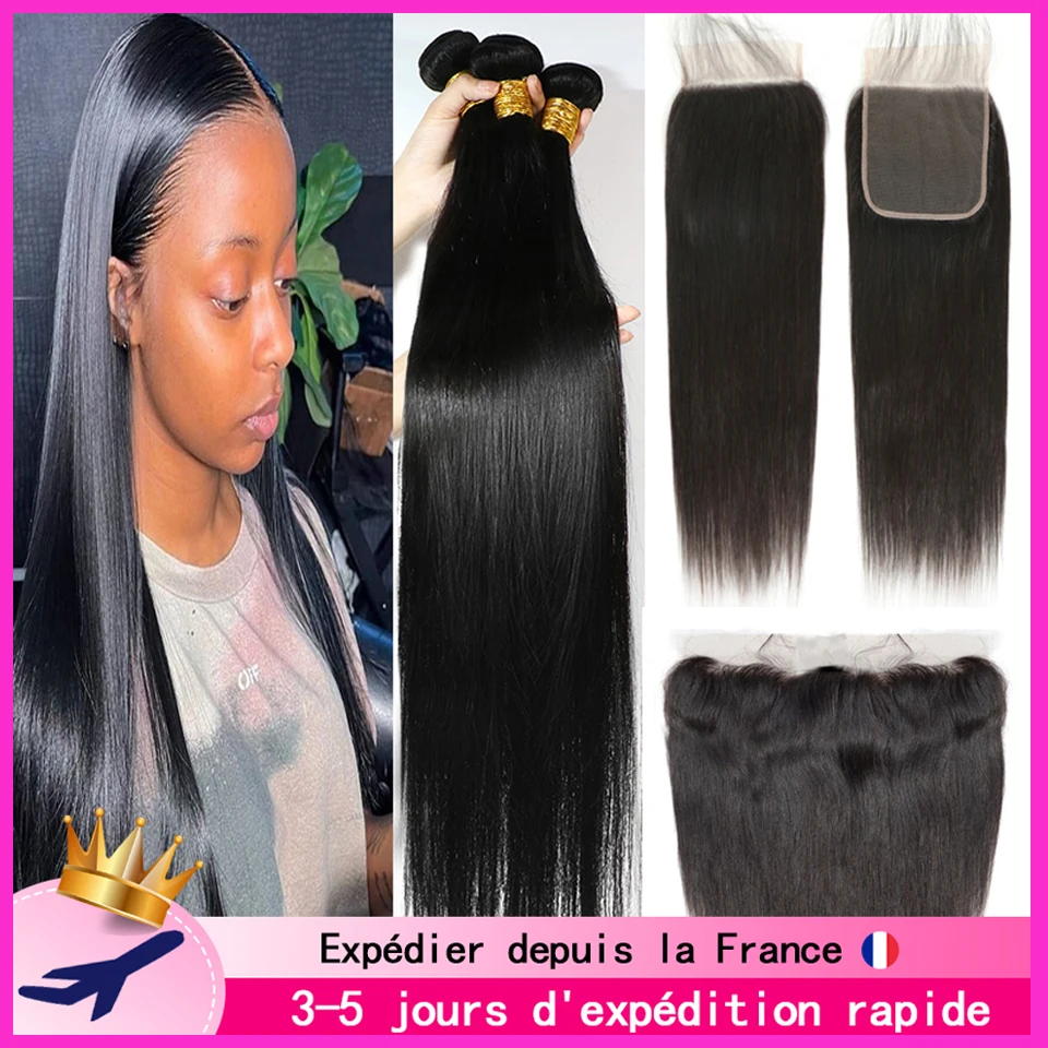 Pacotes de cabelo humano de tecelagem reta brasileira, extensões de cabelo, 13x4 Lace Frontal, Pacotes com fecho, 4x4