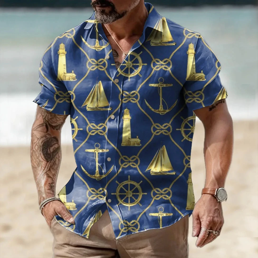 2024 Hawaiian men's Shirt 3D Anchor Printed Beach Holiday Short Sleeved Summer Cool And Breathable Oversized Top T-shirt men's