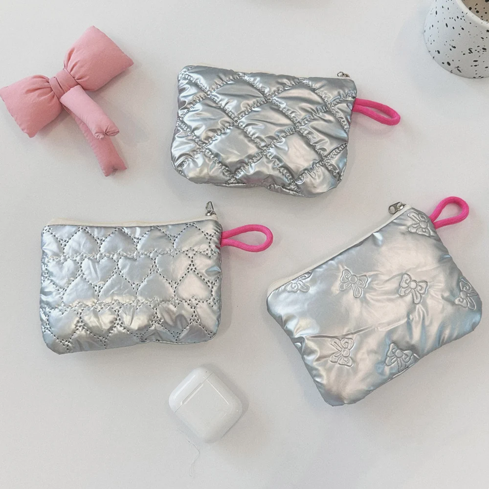 INS Mini Silver Quilting Bag Harajuku Coin Bag Purse Pouch Makeup Bags Key Lipstick Earphone Korea Preppy Data Cable Storage Bag