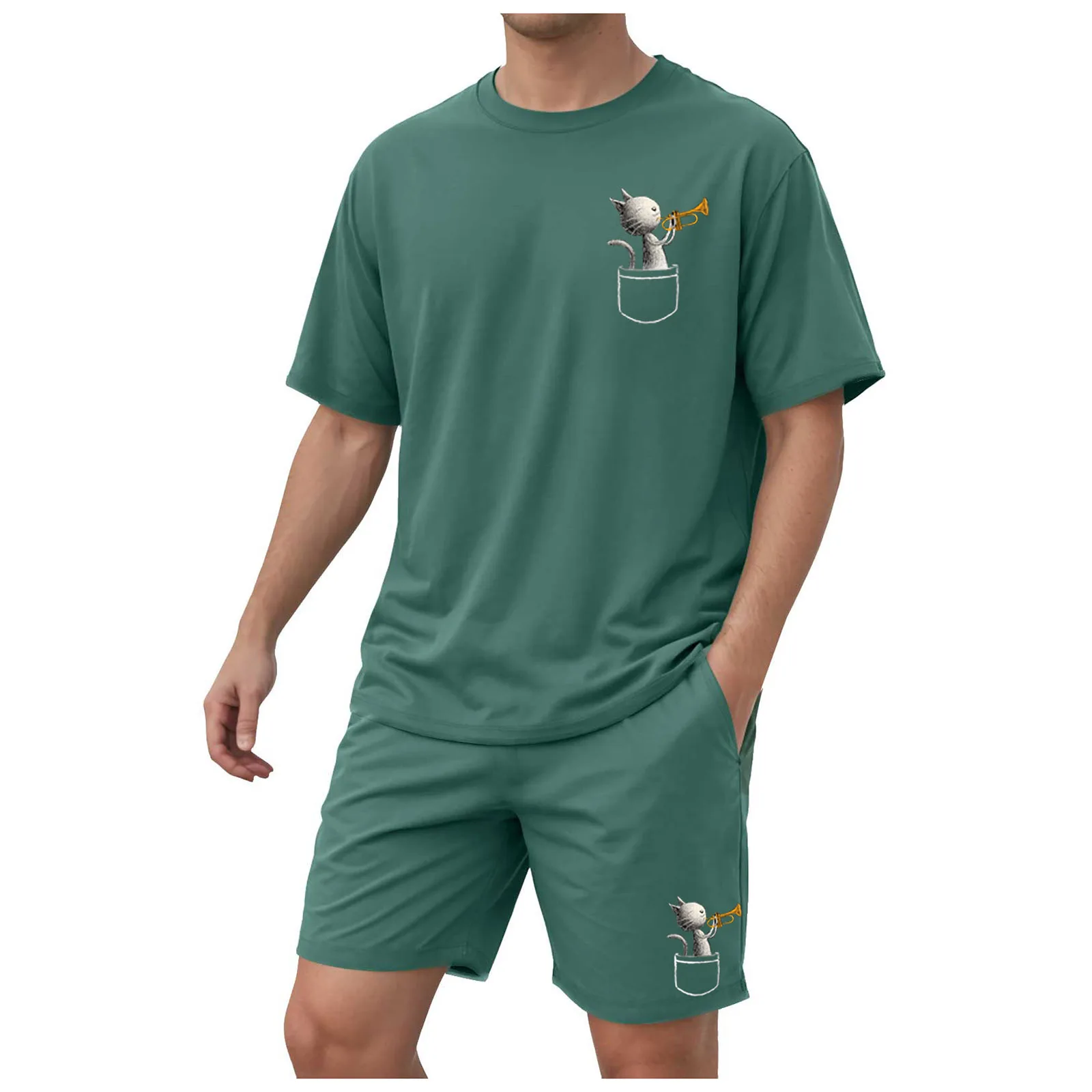 

3 Button Suit Men's Pocket Trumpet Cat Partial Print Short Sleeve Shorts Suit Suits for Men Three Piece