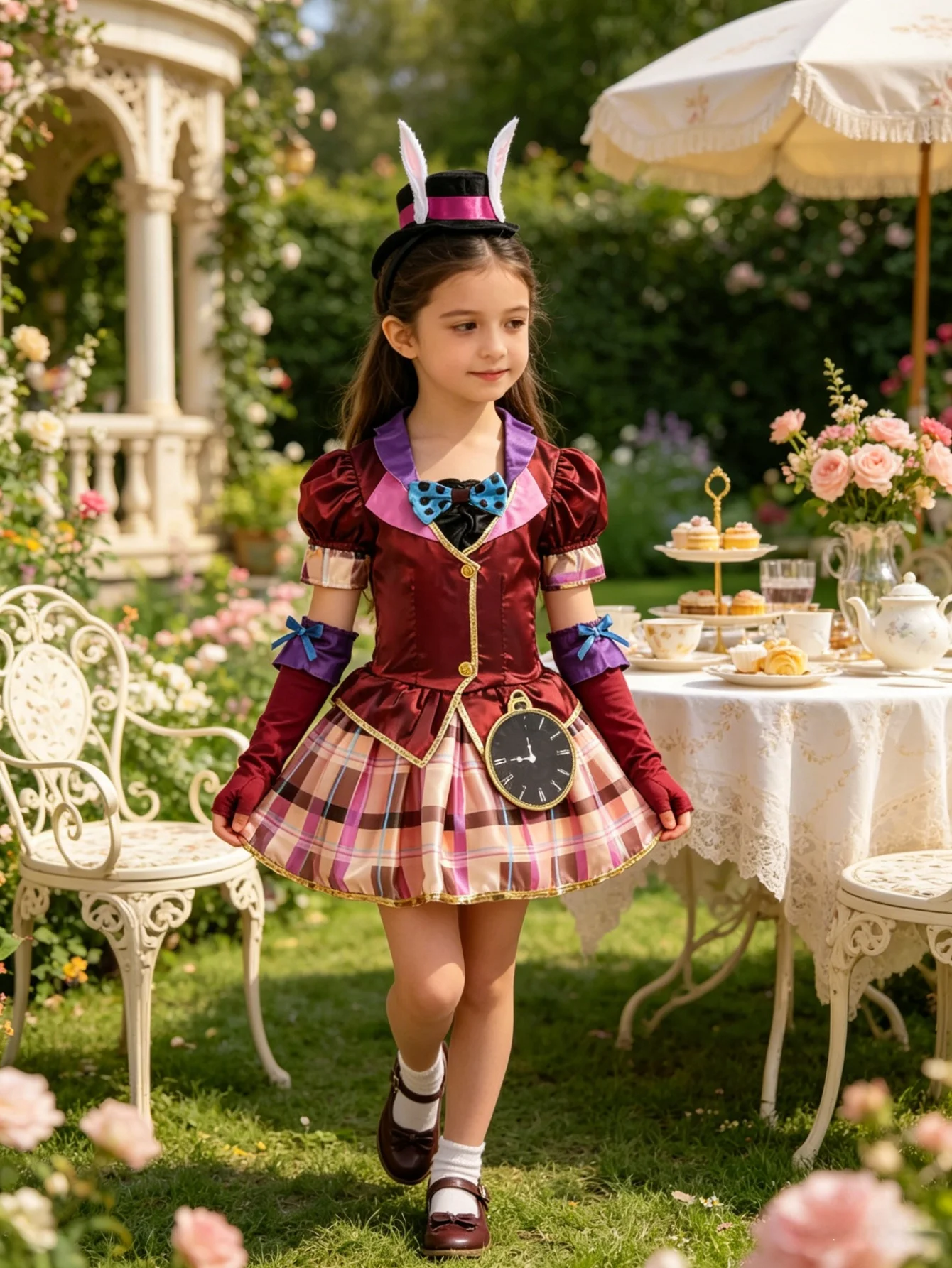 El conjunto de disfraz para niñas incluye vestido a cuadros, corbata de lazo, mangas largas y diadema con orejas de conejo para Halloween y fiestas temáticas.