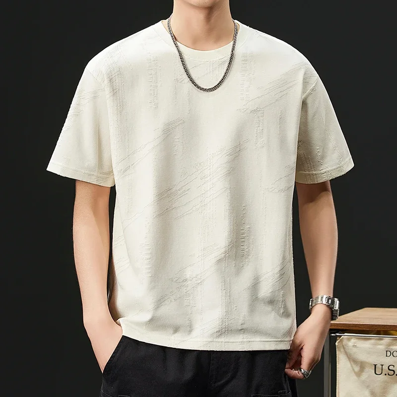 Men's Jacquard Textured T-shirt Crew Neck Short Sleeve Casual Loose Streetwear Top