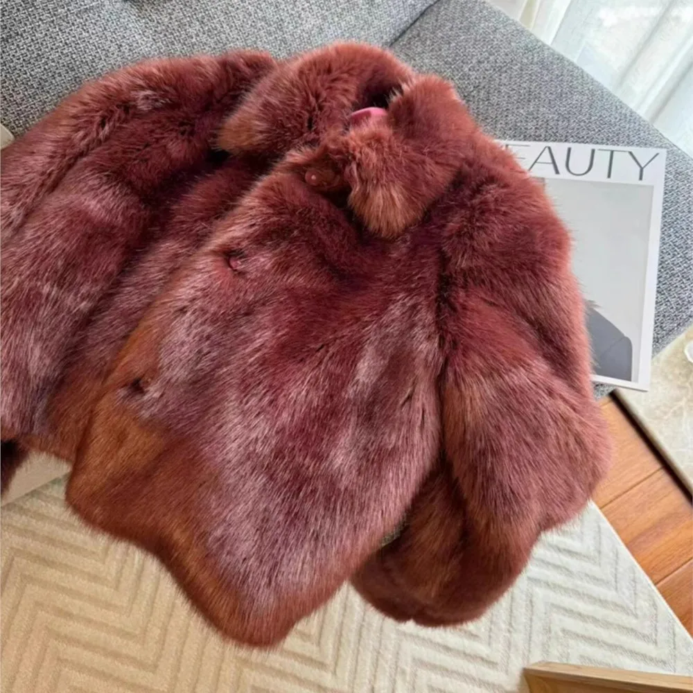 Winter Brown red Turn down Collar Lapel Hairy Shaggy Soft Faux Fur Coat Women Full Sleeve Furry Warm Jacket Short Outerwear