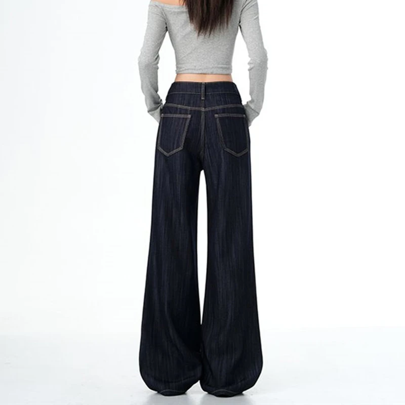 FINEWORDS Jeans svasati blu scuro coreani casual vintage da donna Jeans larghi a tutta lunghezza con fondo a campana Pantaloni in denim larghi Easymatch