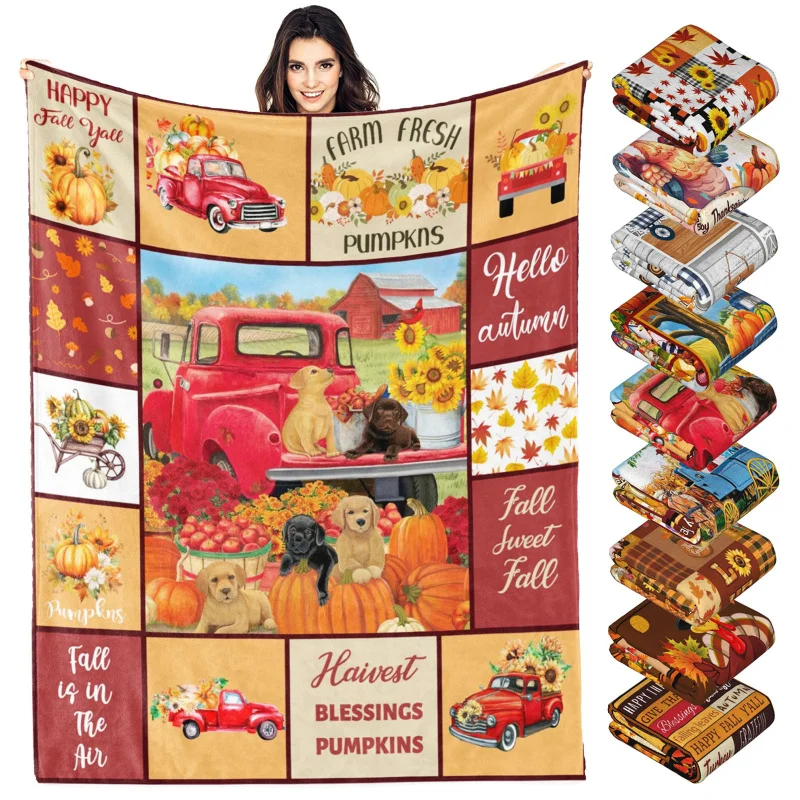 

Thanksgiving Blanket Throwing Family Gift Autumn Pumpkin Sunflower Truck Decorative Blanket Bed Sofa Flannel Blanket Throwing