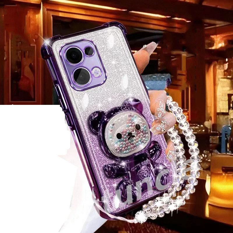 Glitter Bear Bracket Holder Bracelet Case For OPPO Reno16 Reno15 Reno14 F Reno 16 14 15 Pro 16F 14F 15F Lanyard Shockproof Cover