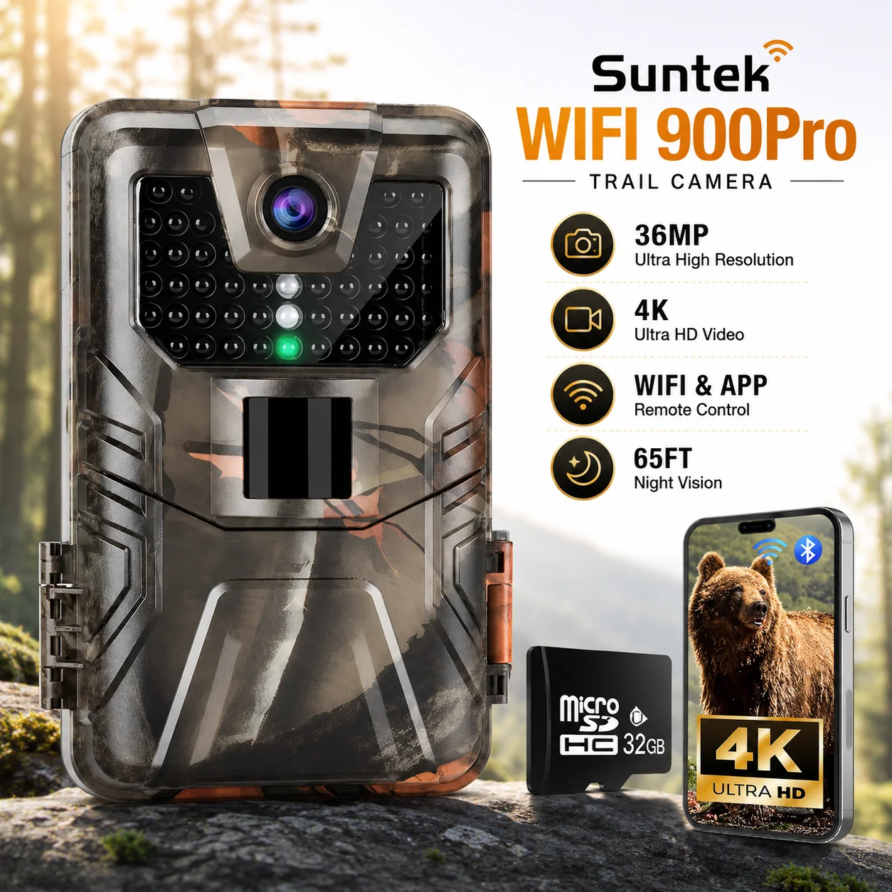 4K 48MP WiFi Trail Camera Bluetooth Game Night Vision 0.3sTrigger Motion Activated IP66 Waterproof  Wide Angle Hunting Wildlife