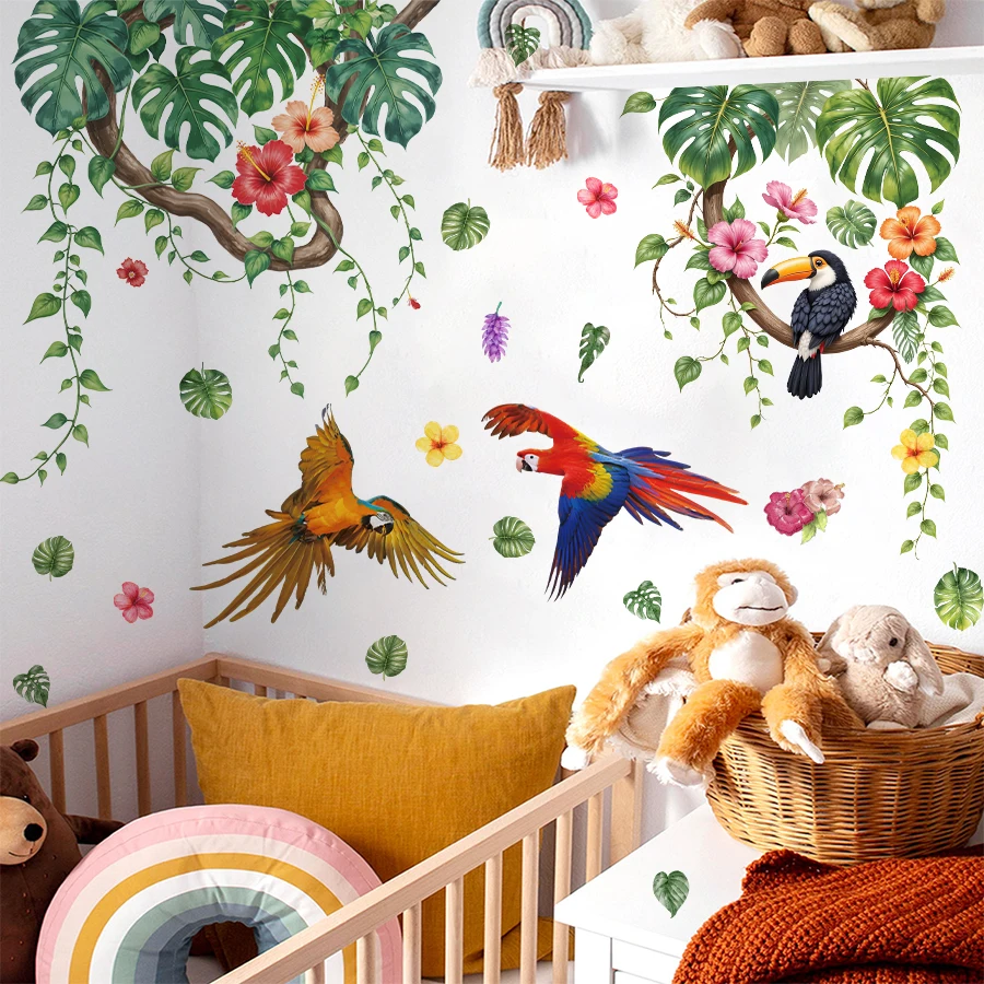 Adesivos de Parede de Floresta Tropical (1/2/4 Folhas), Adesivos de Parede de Arara, Arte de Parede Removível de Plantas e Flores da Selva para Quarto Infantil e Berçário