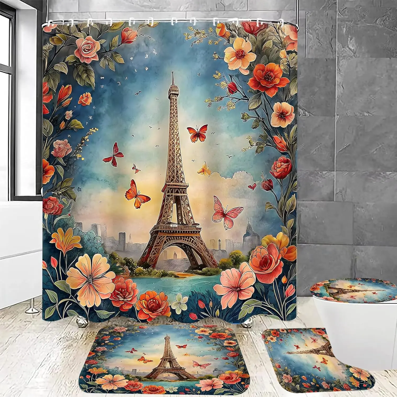 

4Pcs Paris Eiffel Tower Shower Curtain Sets Bathroom Set Decor with Non-Slip Rugs Bath U-Shaped Mat Toilet Lid Cover Waterproof