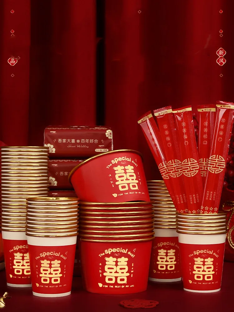 

40pcs Disposable Paper Bowl Chinese Wedding Tableware Thicker Leakproof Salad Bowl Wedding Supplies