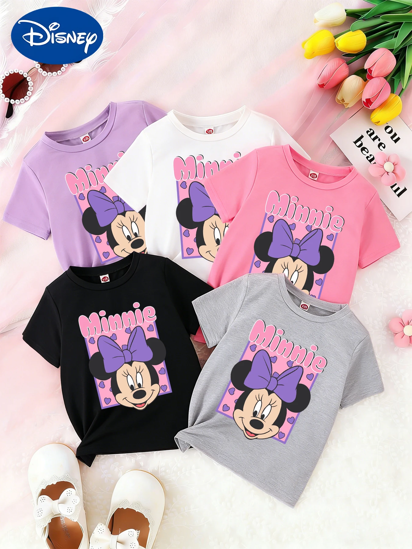 

Фиолетовая футболка Disney с бантом Минни Маус для девочек, с милым узором в виде сердечек, свободного кроя, с короткими рукавами.