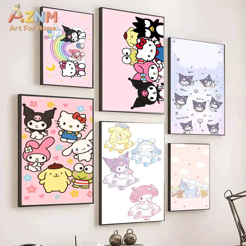 Sanrio Characters Canvas Wall Art Unframed Print Rainbow Moon Star Balloon Cute Cartoon Poster for Bedroom Dorm Home Interior Wa