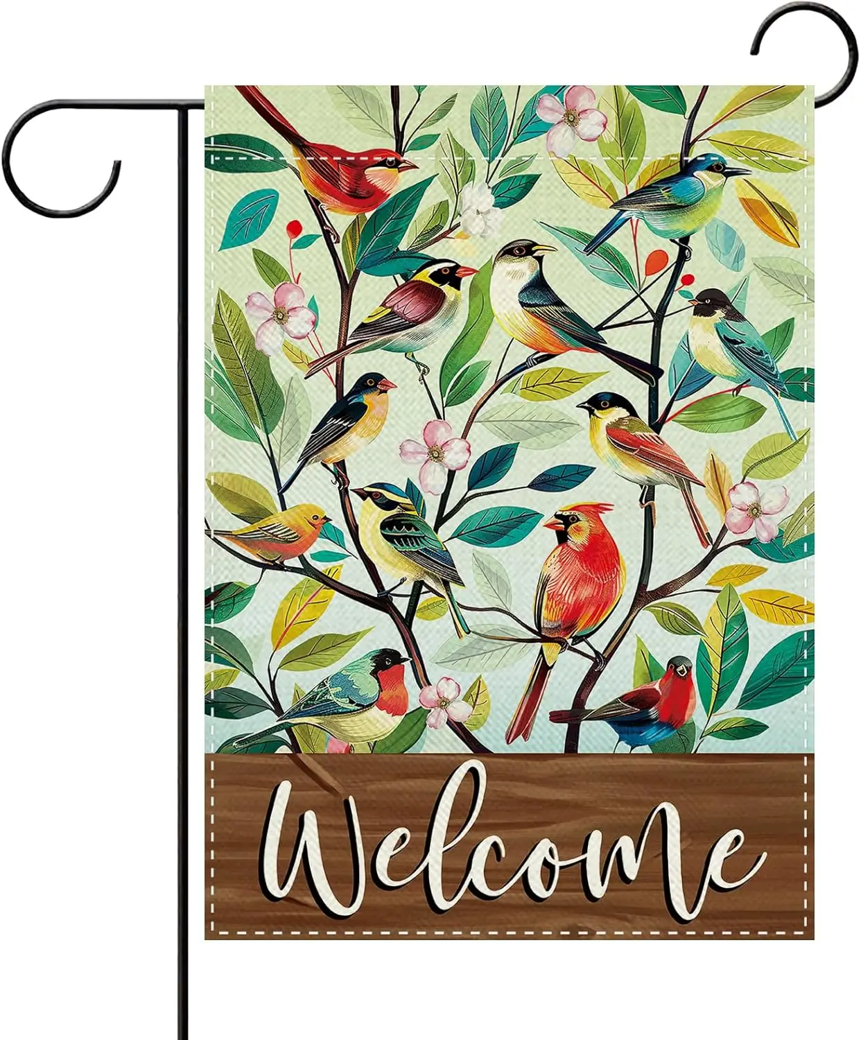Welcome Spring Summer Birds Tree Decorative Garden Flag, Watercolor Cardinal Chickadee Oriole Floral Small Yard Outside Deco EEZ