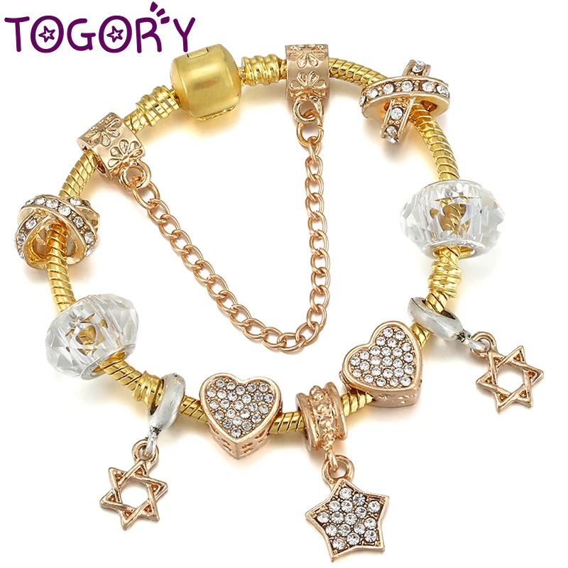 

TOGORY Fashion Unique Gold Color Charm Bracelet DIY Crystal Star Beads Pendant Brand Bracelets For Women Men Jewelry Gift