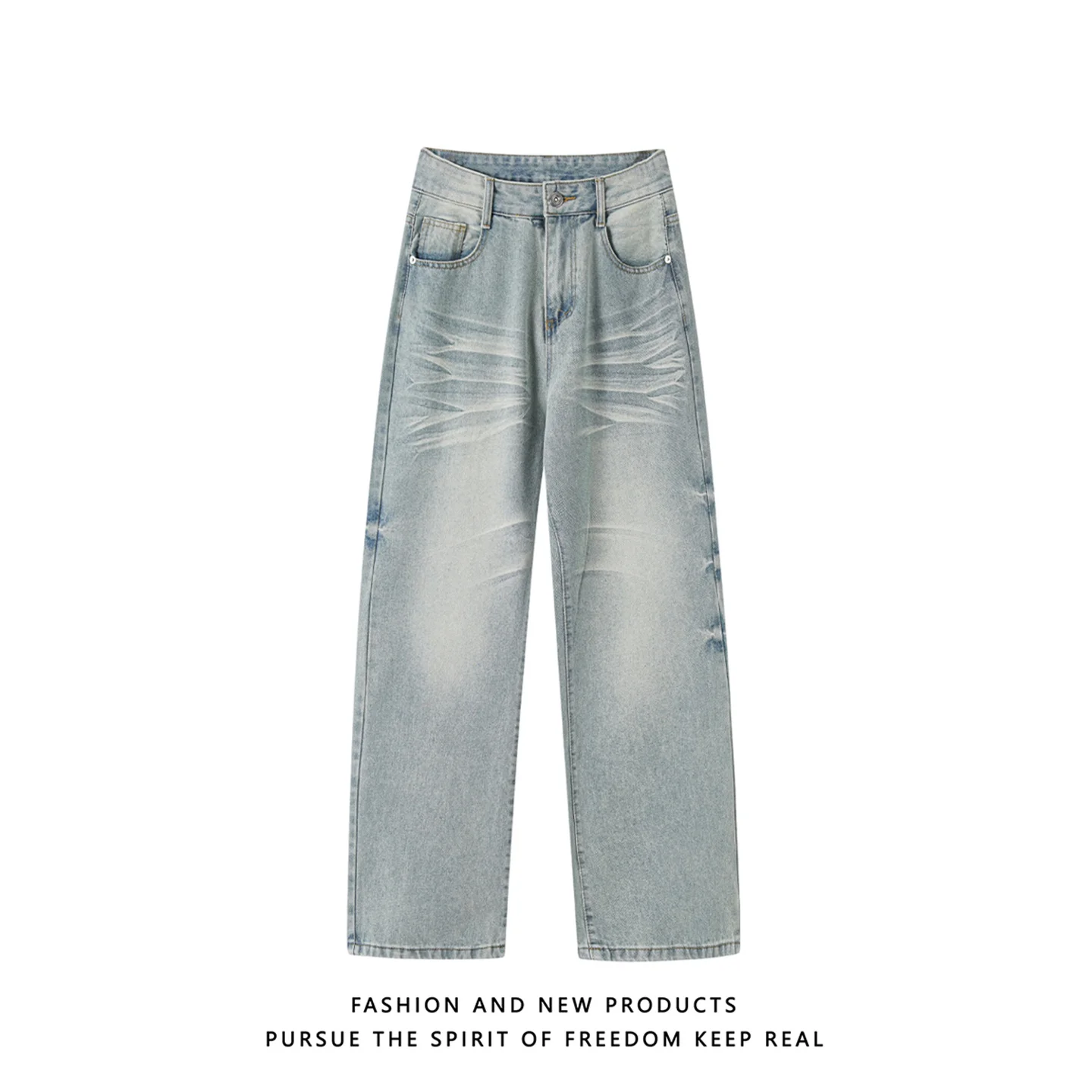 

American Style Washed Iceberg Blue Men's Loose Fit Retro Flared Jeans Straight Leg Long Trousers Streetwear Casual Jeans