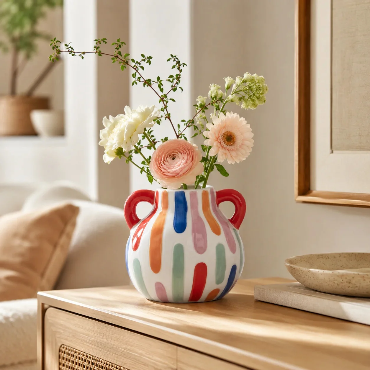 Ceramic Flower Vase Colorful Double Handle Modern Geometric Vase Flower Pot Living Room Entryway TV Cabinet Table Decor Ornament