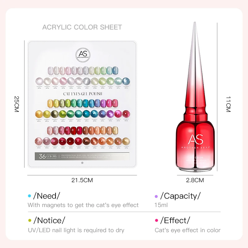 AS 36 Farben Cat Eye Magnetischer Gel-Nagellack, 15 ml, vollständige Abdeckung, Vernis Semi Permanent, super wunderschönes Nagel-Maniküre-Lack-Gel – Detail 8