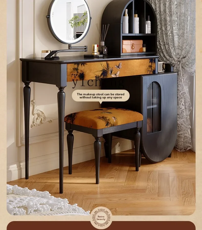 v9.9-Dressing Table Solid Wood Master Bedroom Black Extendable Dressing Table and Chest of Drawers Integrated