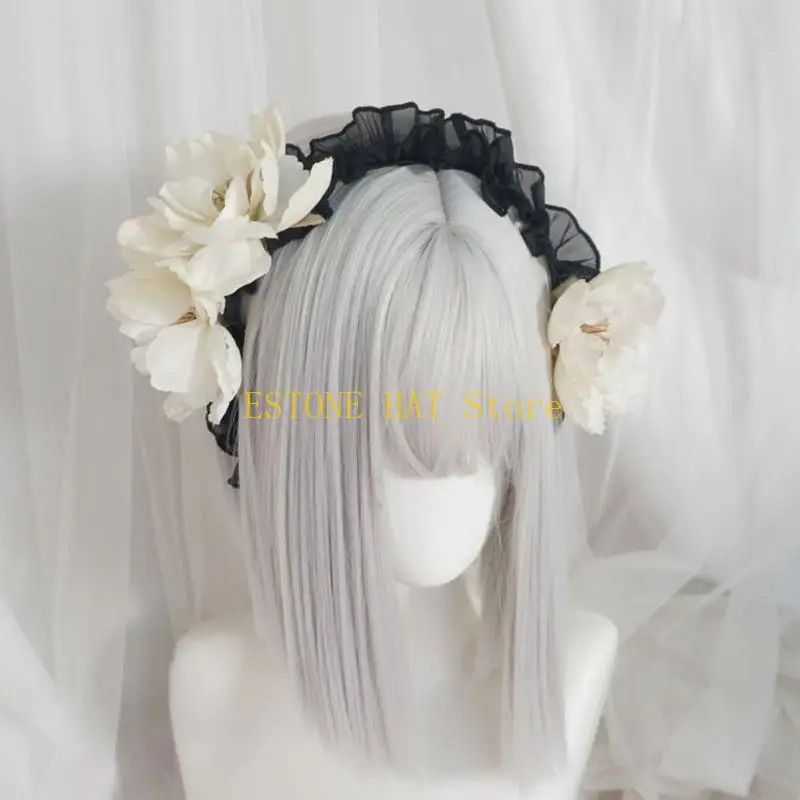 49MF القوطية لوليتاس غطاء الرأس خادمة أغطية الرأس الدانتيل ملحقات الشعر Cosplay عقال الزهور الكبيرة ديكورين