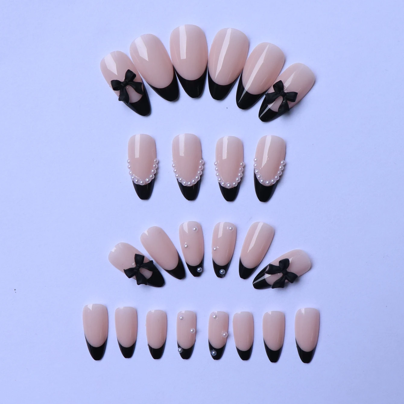 24PCS Press Black French Edge Almond False Nails With Pearl Bow Design Reusable Acrylic False Nails