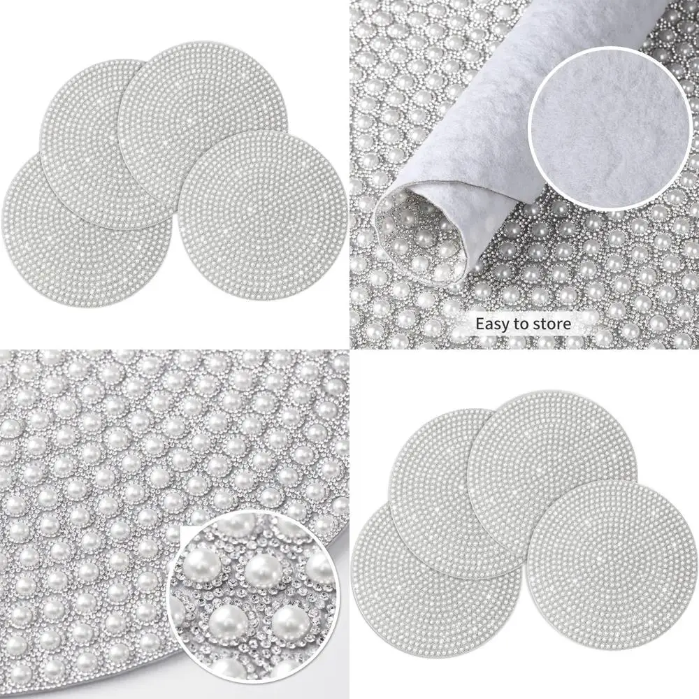 

Set of 4 Pearl 15 Round Placemats with Anti-Slip, Silver Rhinestones for Table Decorations, Ideal for Nightstands and Candles