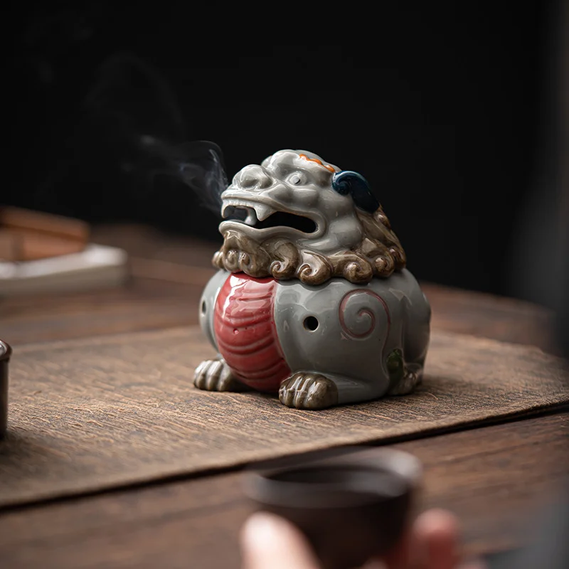 Colored Pottery Incense Burner Ancient Divine Lion‑Dragon Beast Ceramic Mud Zen Censer Tea Room Desktop Home Decor Ornament