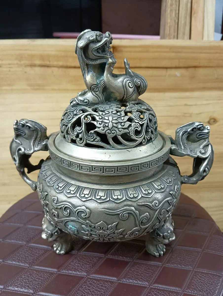 

Vintage Tibetan Silver Incense Burner Foo Dog Cover Censer Lucky Beast Cover On Both Signed