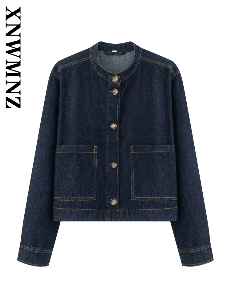 

XNWMNZ 2025 Spring Woman Commuting Simple Long Sleeve Denim Top Casual Chic Woman's Stand Collar Fashion Long Sleeve Top Pockets