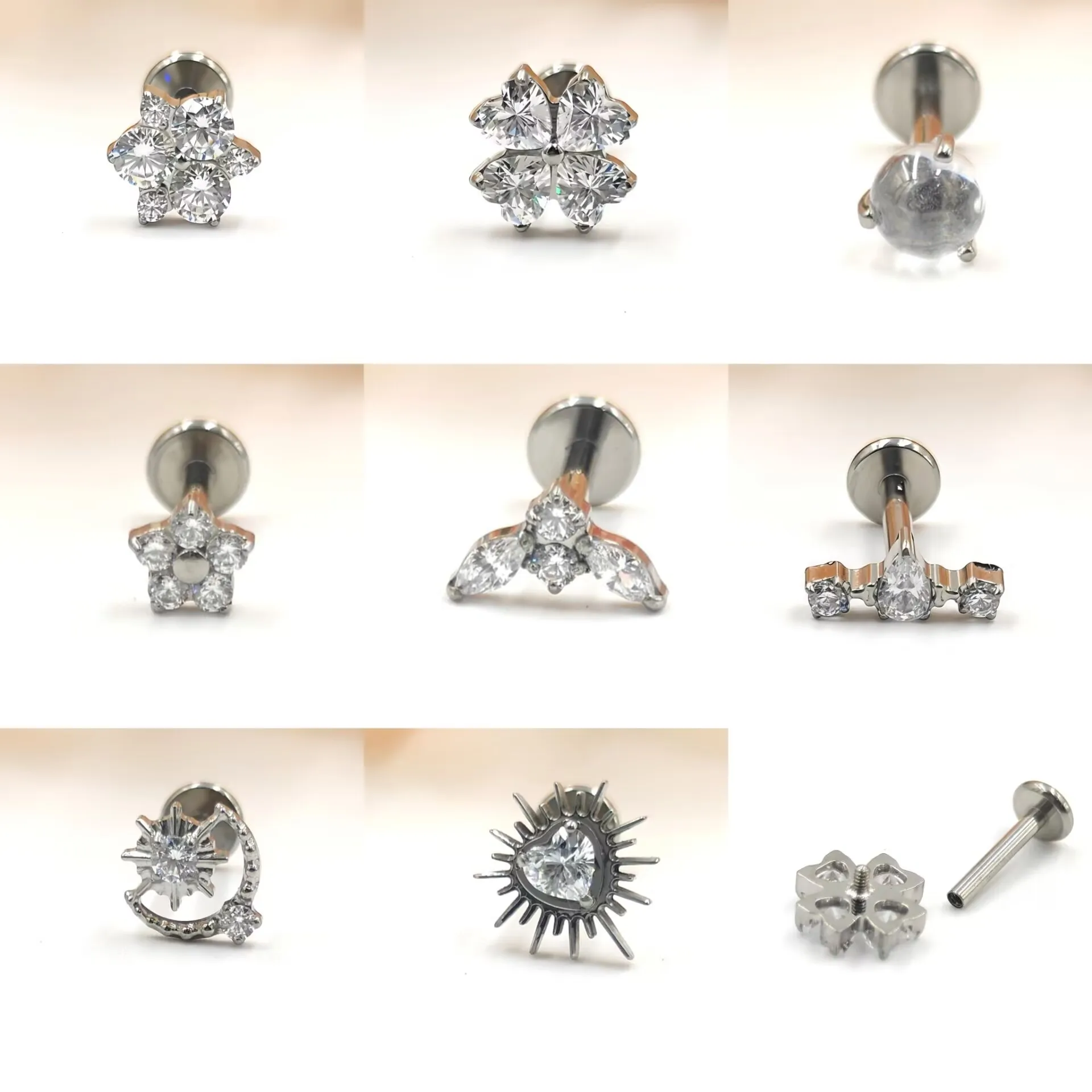 Titanium ASTMF136 Water Drop Eyes Round Zircon Thread Labret Lip Ring Ear Stud Tragus Cartilage Earrings Body Piercing Jewelry
