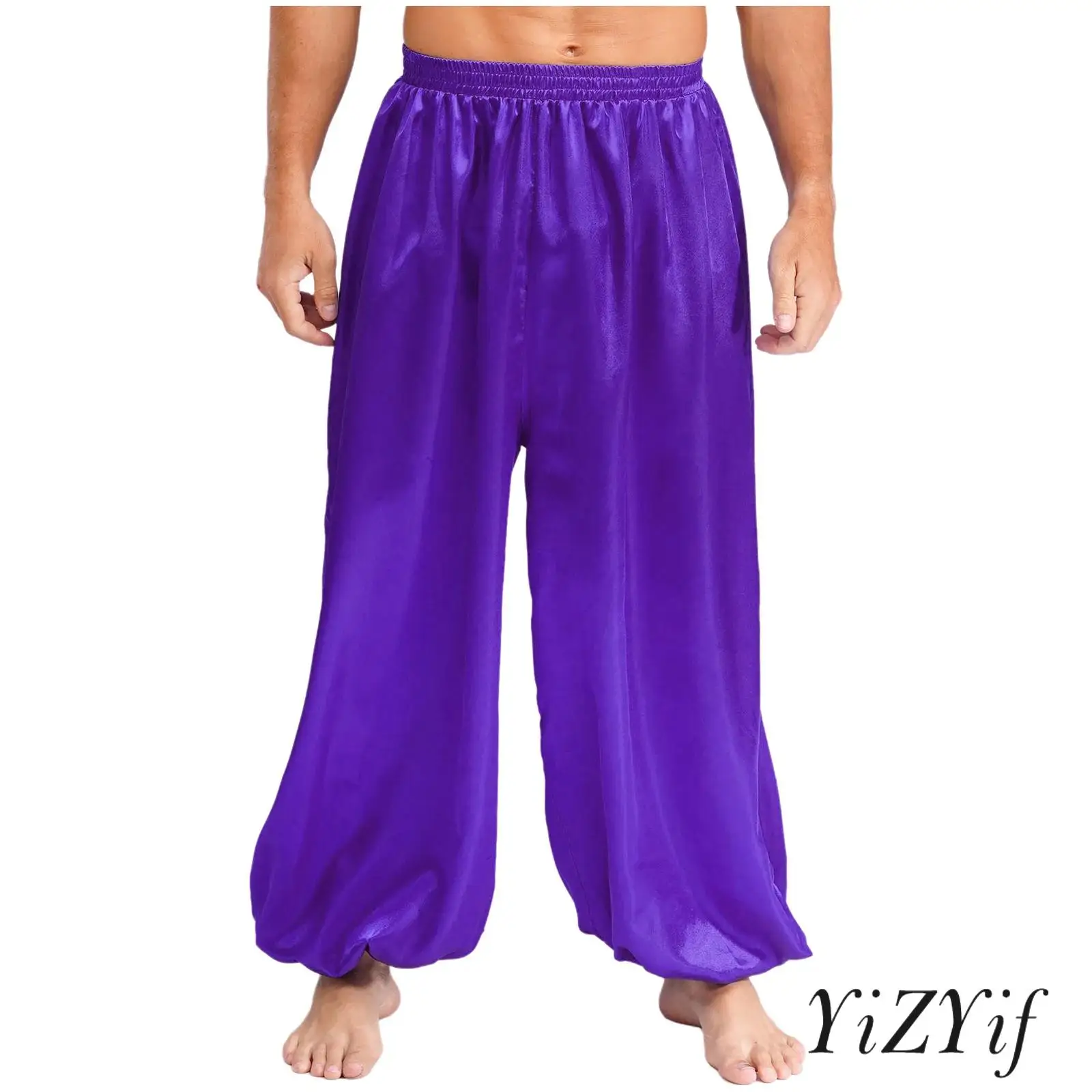 

‌Professional Belly Dance Long Pants for Men Satin Bloomers Stretchy Solid Color Trousers for Dance Class Halloween Stage Shows