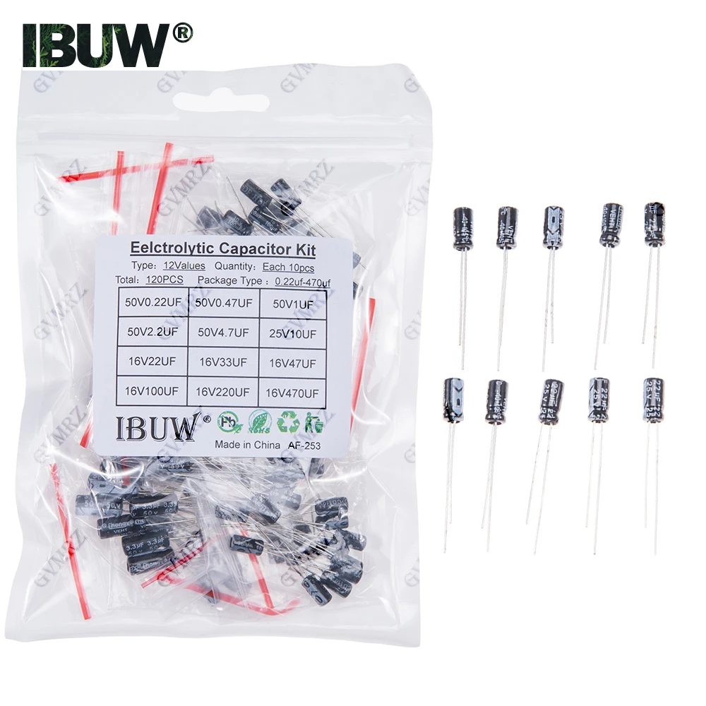 

120PCS 12Values Electrolytic Capacitor Kit (0.22μF-470μF 16V-50V) for DIY Electronic Circuit Project
