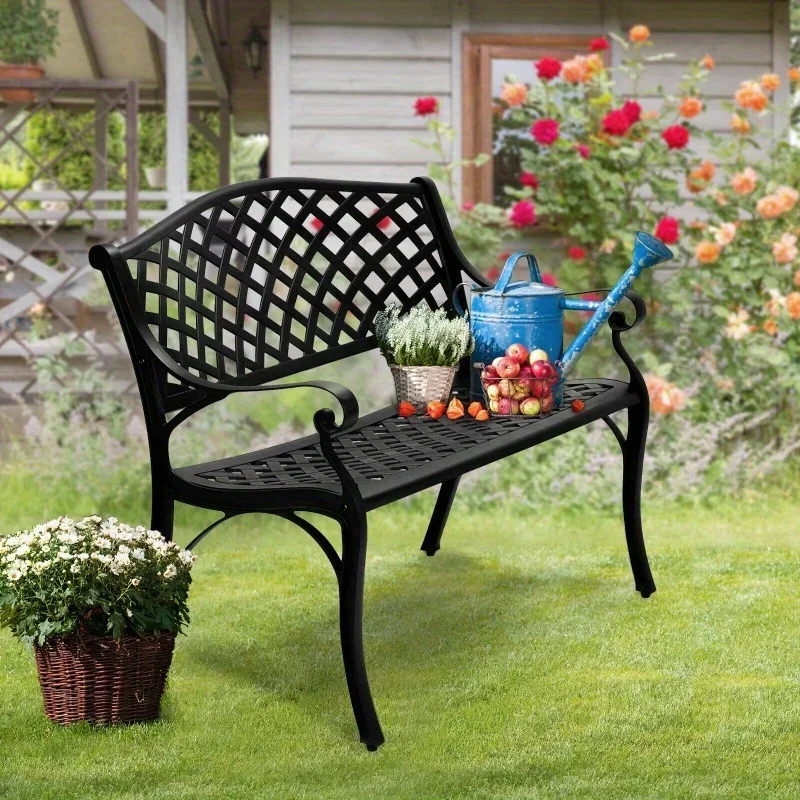 

40.5" Outdoor Cast Aluminum Bench w/ Mesh Backrest Seat Easy to Assemble, Black