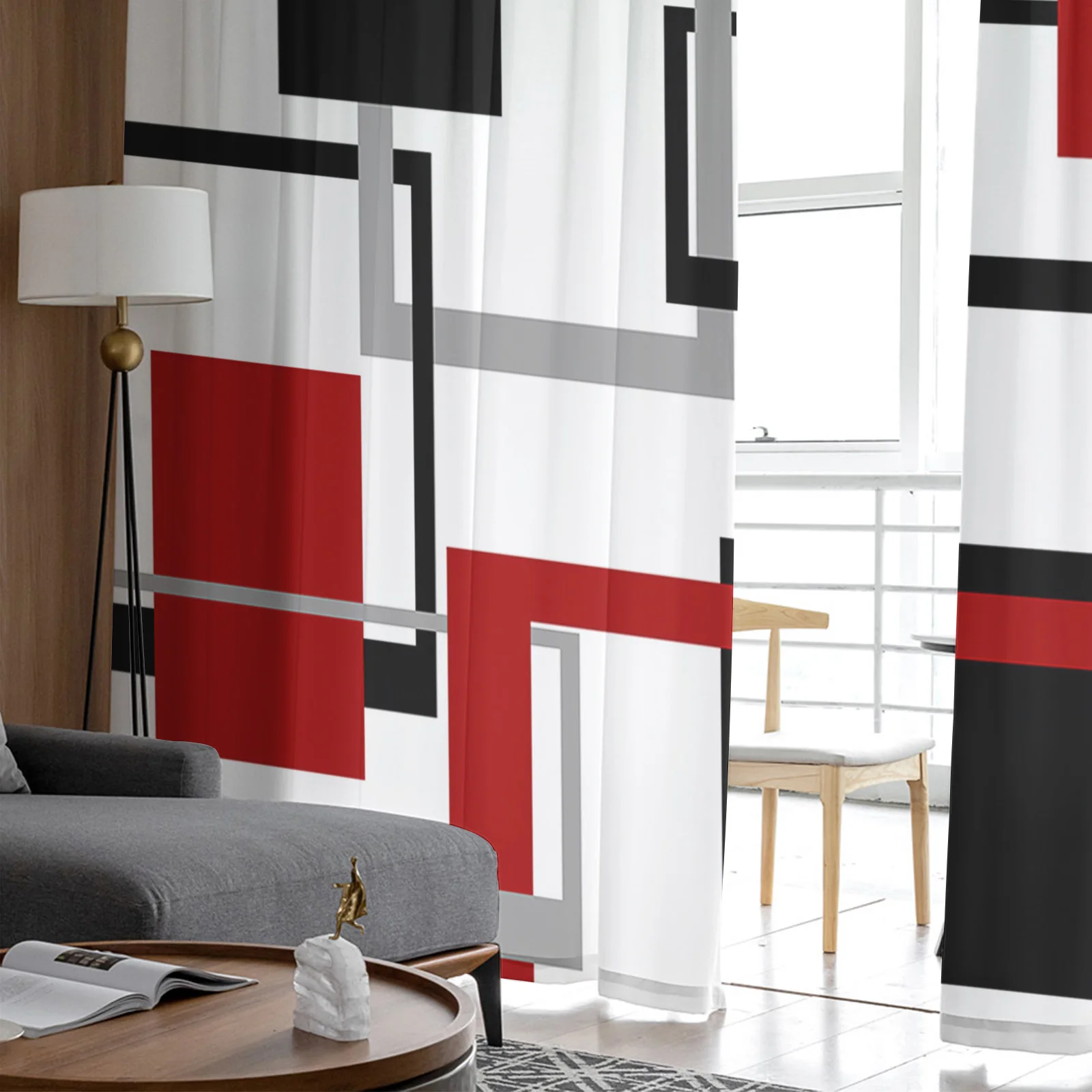 Abstract Geometric Squares Art Black Red Sheer Curtain Living Room Printed Tulle Window Curtain Luxury Home Balcony Decor Drapes