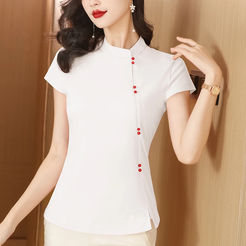 Spring Summer Three Dimensional Decoration Beading Woman T-shirt Beautiful Short Sleeves Stand Collar Casual Female Mesh M-3XL