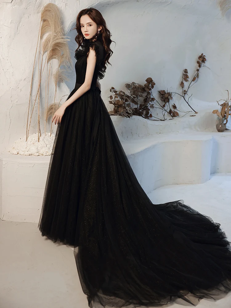 Robe de soirée noire de luxe, petite robe de bal de standing, dos nu, en Tulle, ajourée