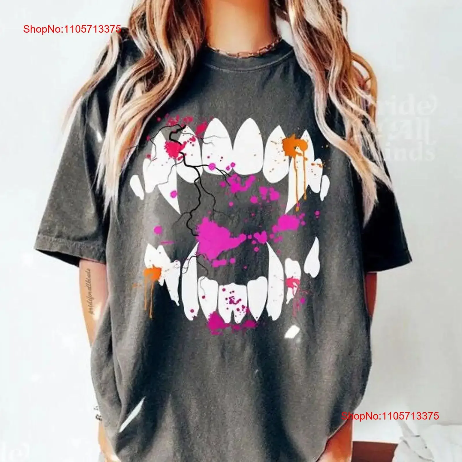 Lesbian vampire shirt halloween subtle pride gay sapphic queer fangs vintage Washed Slightly Stretched homme Stylish fashion