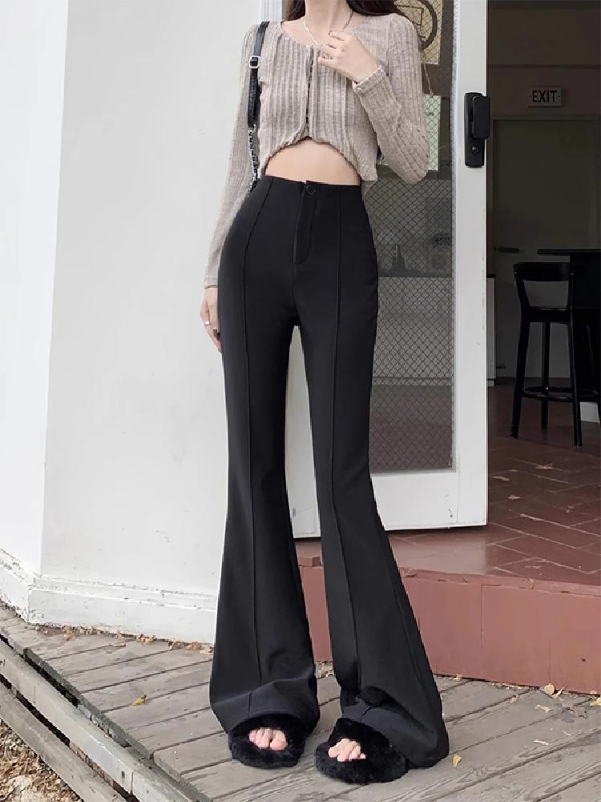 

Black Plush Micro Casual Pants For Women Spring 2024 New High Waisted Wide Leg Versatile Pants Office Lady Uit Pants