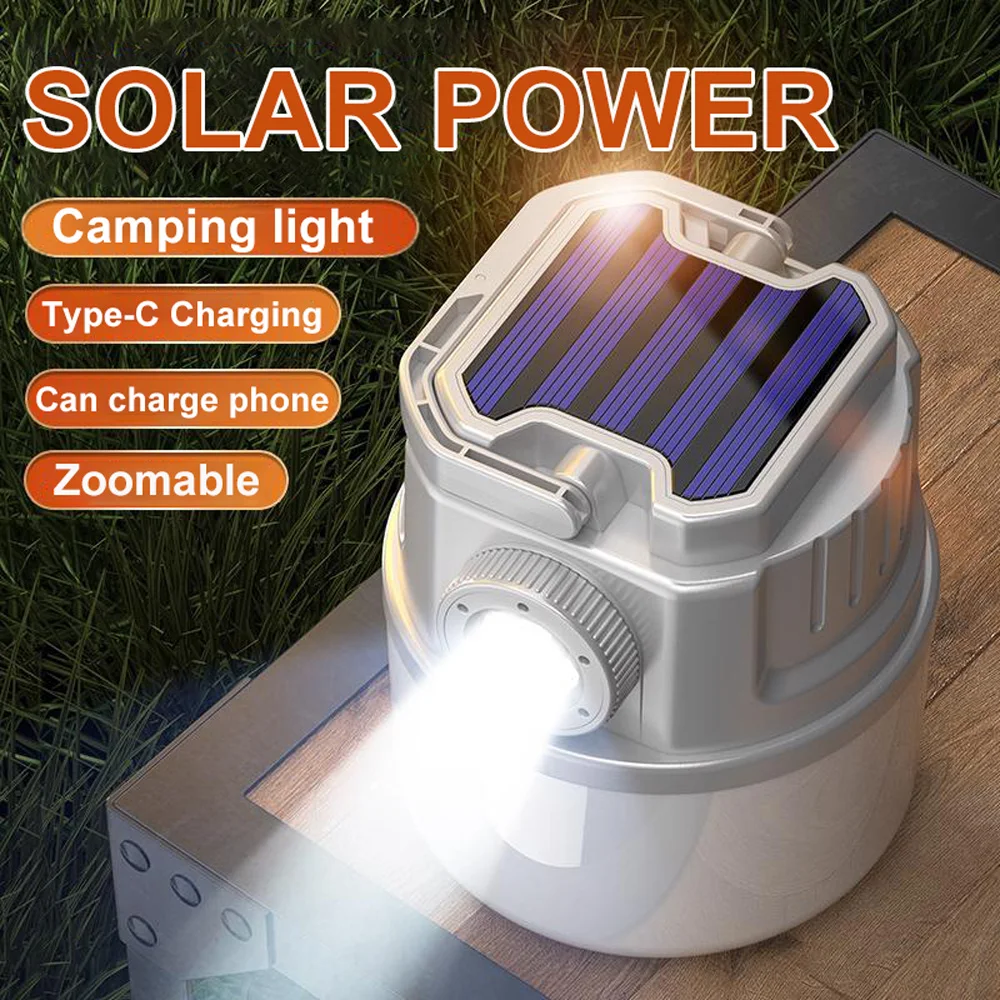 7200mAh Telescope Zoom Camping Light Solar Powered Camping Lantern USB Rechargeable Portable Flashlights Tent Lights Work Repair