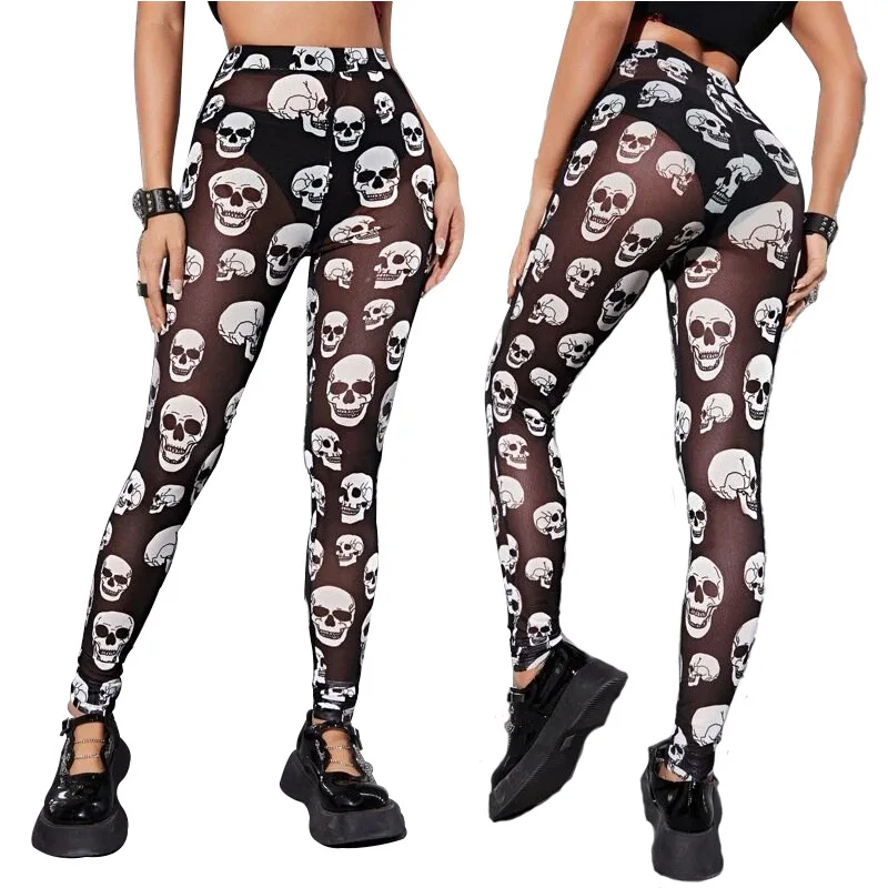 

Personality Skull Print Women Gauze Leggings Summer Thin Stretch Hottie Punk Rock Abstract Art Style Cropped Pants Wholesale