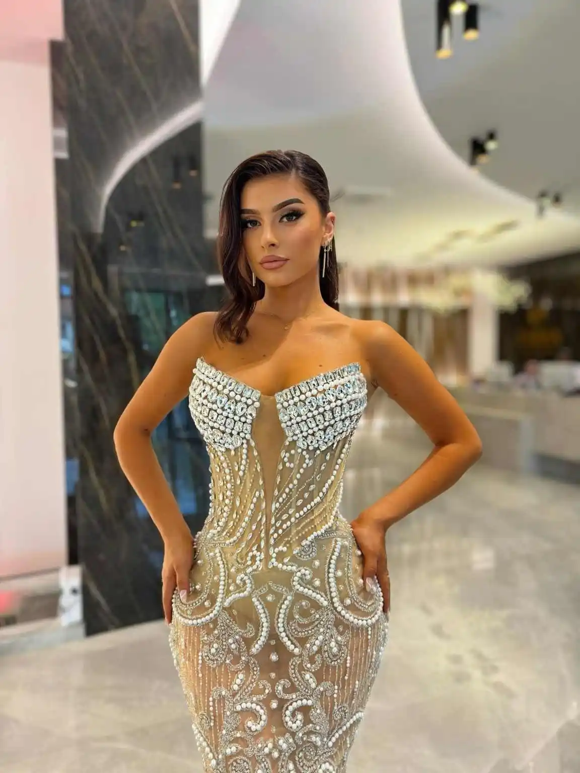 Elegant Prom Gown Crystal V-Neck Evening Dress Beads Party Prom Dresses Sleeveless Bridal Gowns Robes De Mariée Size Customized #3