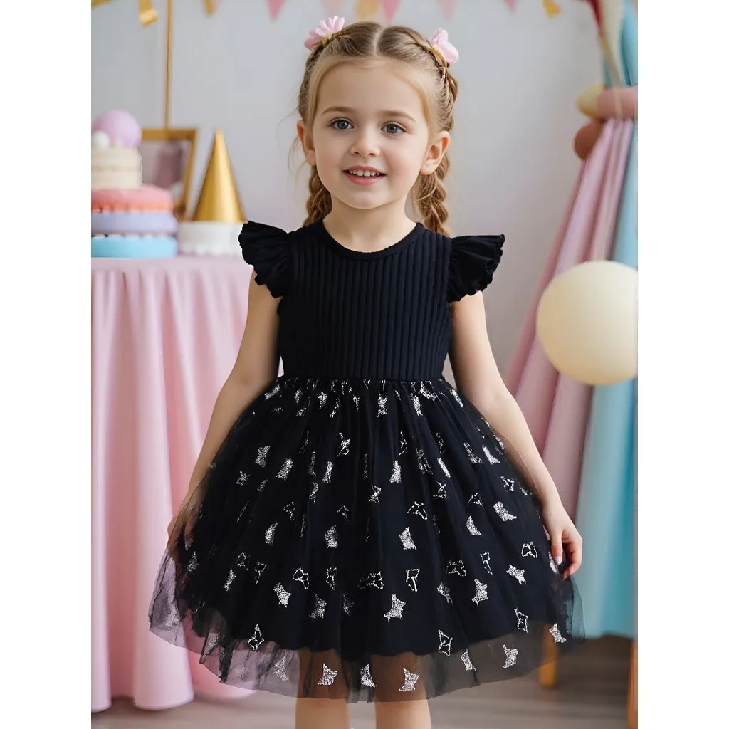 

Черное детское платье принцессы для девочек, летние элегантные детские платья с короткими рукавами, платье с бабочкой для дня рождения, платье для малышей 3, 4, 5, 6, 7 лет