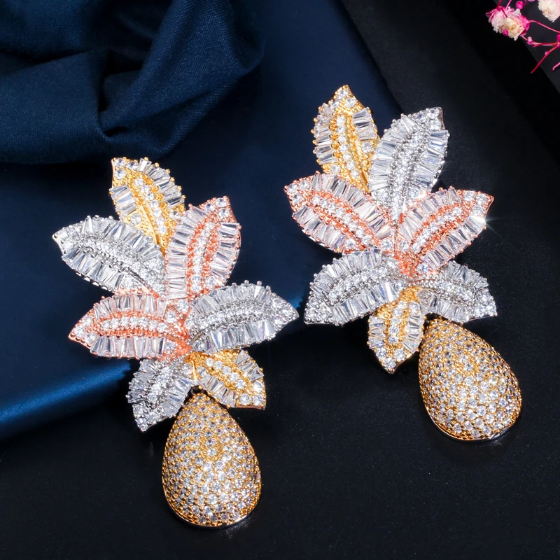 ThreeGraces Luxury Cubic Zirconia 3 Tone Gold Color Large Long Leaf Drop Earrings for Women Bridal Wedding Party Jewelry E1215