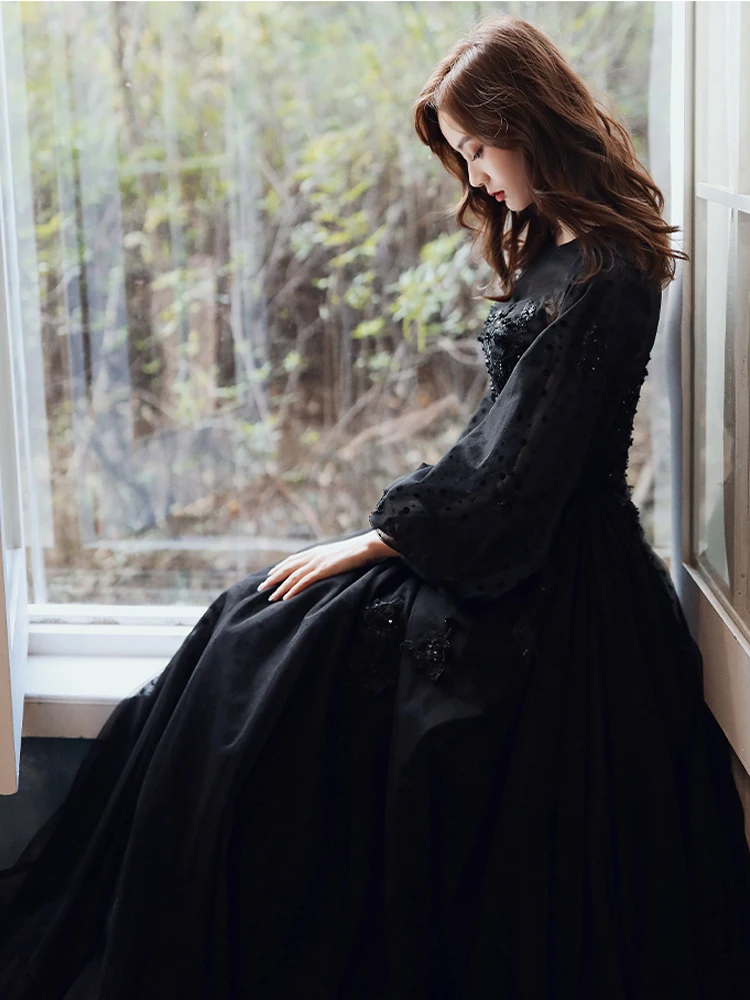 Elegant Black Long Sleeve Evening Dresses Luxury Appliques A-Line Floor-Length Tulle Women Prom Gowns 2022