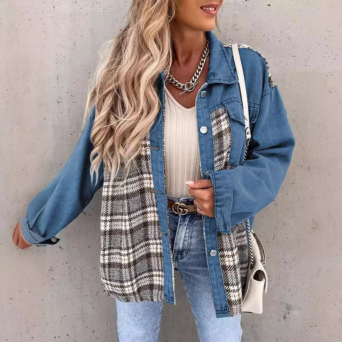

Vintage Fashion Plaid Print Patchwork Denim Jacket Women Turn-down Collar Button Coat Spring Autumn Irregular Tops Outwear Mujer