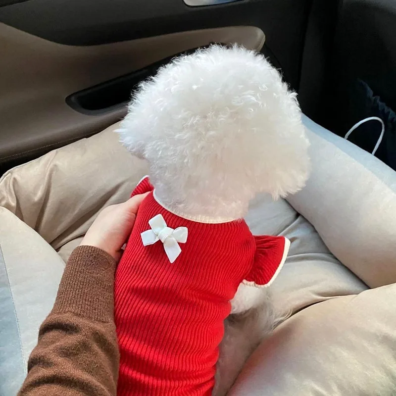Solid Color Pet Clothes, Summer T-Shirt for Poodles, Soft Vest for Small & Medium Dogs, Cute Bow Two-Legged Short Sleeve