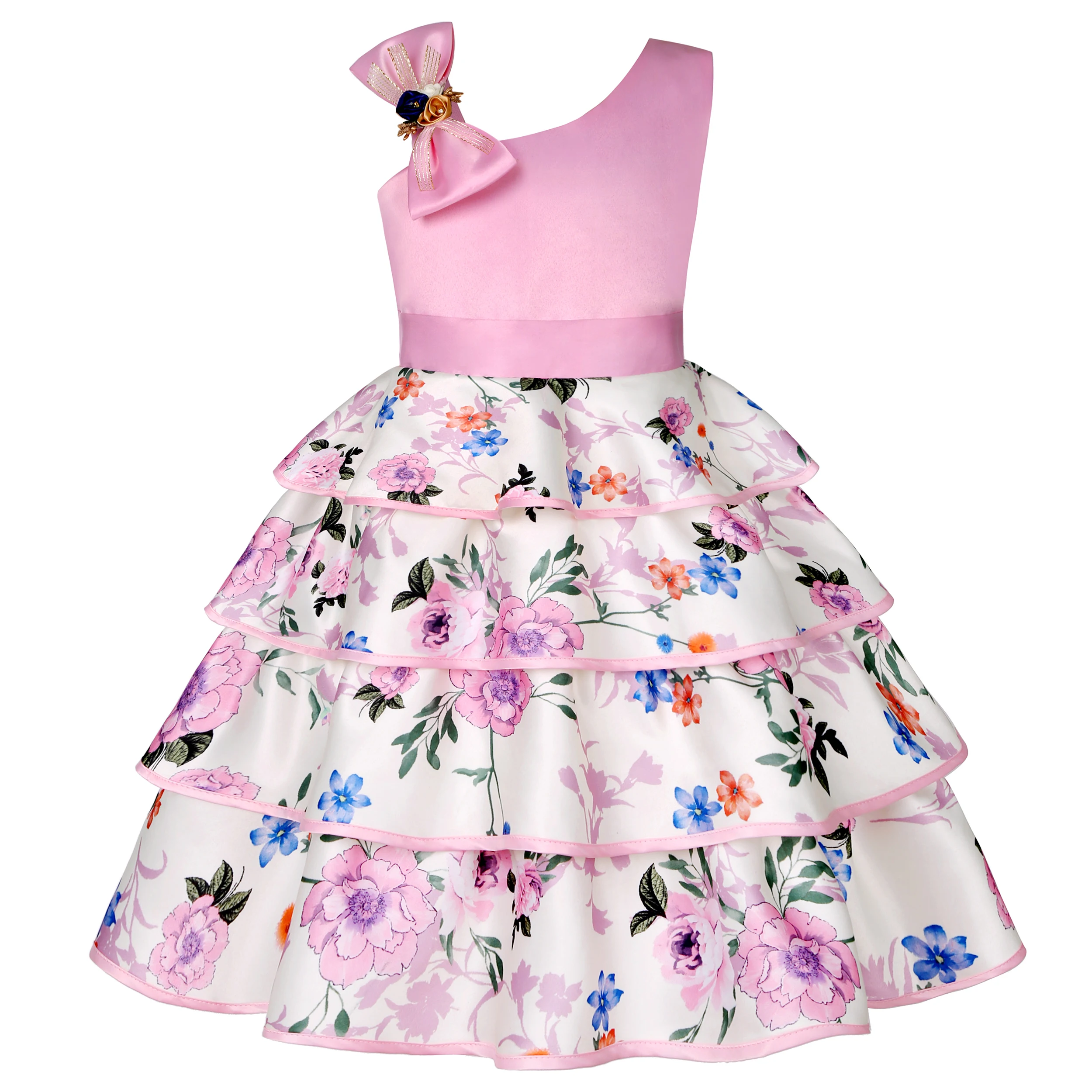 2025The new European and n cake skirt printed girl dress slant shoulder dress birthday party dress foreign trade children's dres