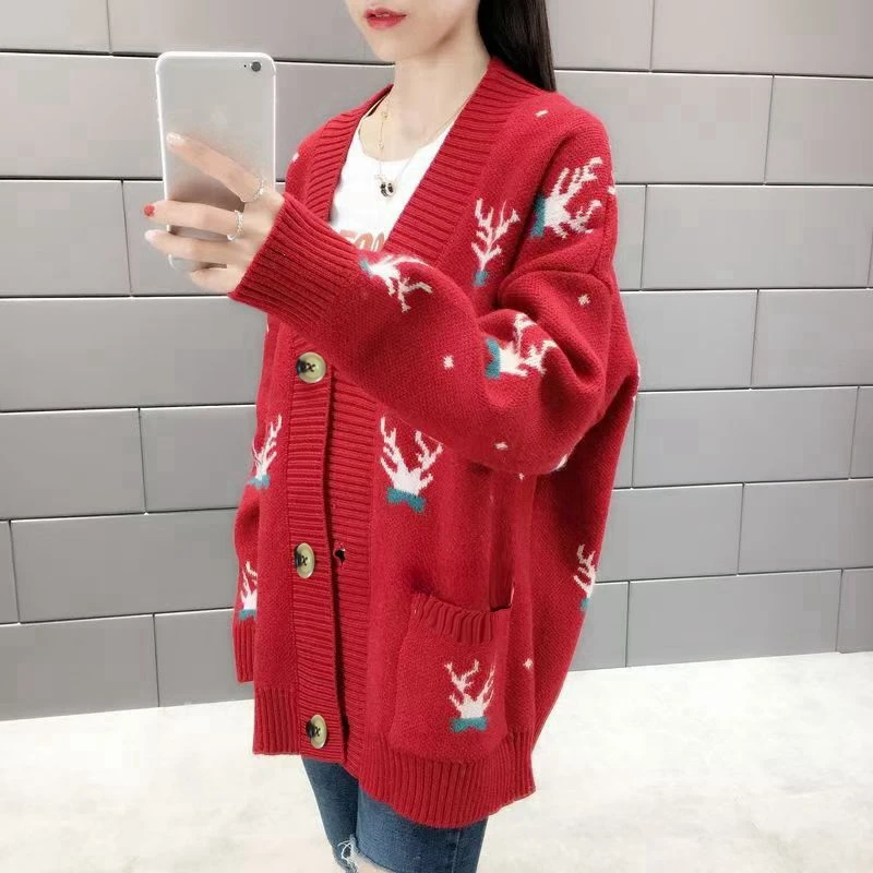 Christmas Deer Knitted Coat Femal Loose Cardigan For Women Long Sleeve Top New Casual Chic Office Lady\'s Sweater Single Breasted