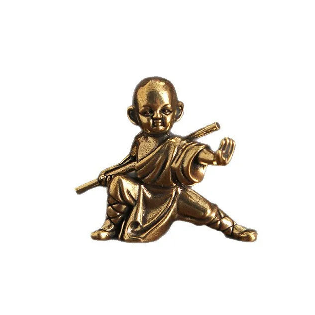 Retro Brass Kung Fu Monk Desktop Ornament Handmade Copper Character for Office Decorations Chinese Martial Arts Style Mini Figur