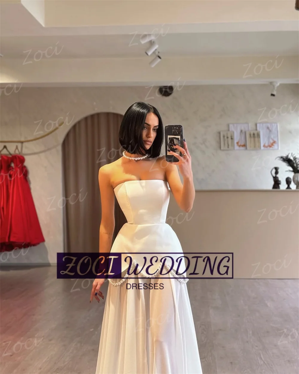 Zoci Modern Strapless Prom Dressess Pearls Beaded Backless A Line Chiffon Special Occasion Evening Gown Women Wedding Party Gown image 5