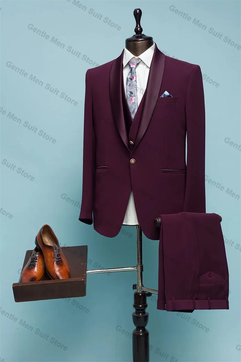 Burgundy Men Suits Set Cotton 2 Piece Blazer+Pants Luxury Red Carpet Prom Groom Wedding Tuxedo Coat Custom Made Jacket Trousers